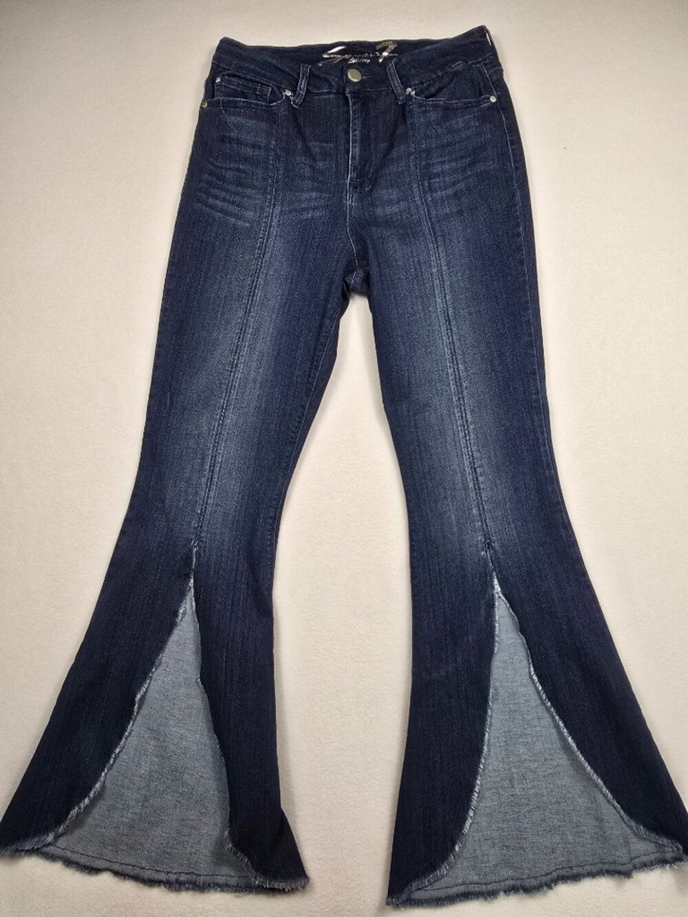Seven7 Womens Size 14 High Rise Flare Jeans Dark Wash Stretch Denim Frayed Hem